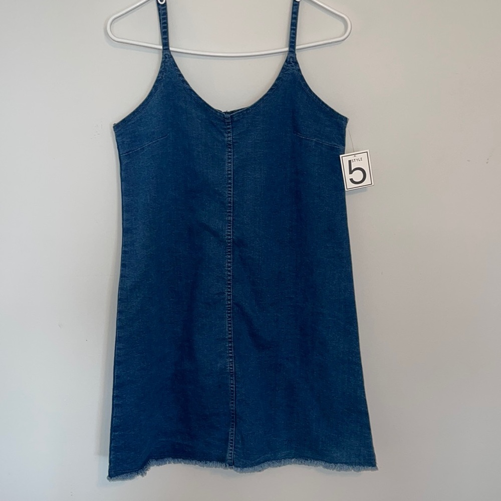 NWT Style 5 A-Line with Eye Lash Hem & Spaghetti Straps Denim Mini Dress Size L